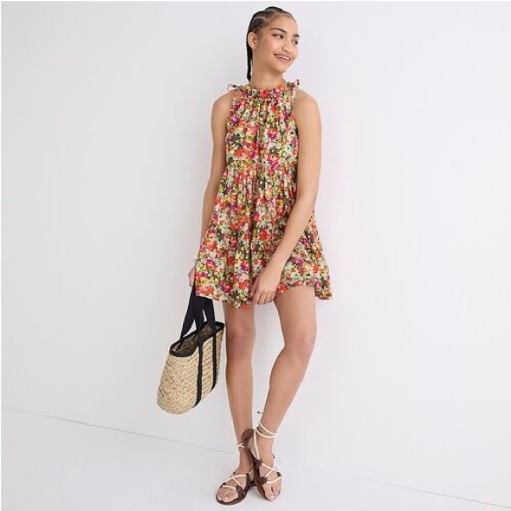 J.Crew Tie shoulder tiered mini dress in painterly floral.